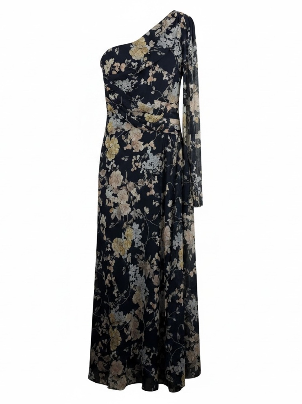 Lauren Ralph Lauren | Navy Blue Floral Georgette Chiffon One Shoulder Maxi Dress